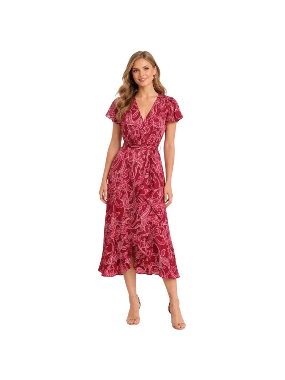 Nicole Miller New York Red Floral Wrap Midi Dress Size M Boho Cottage